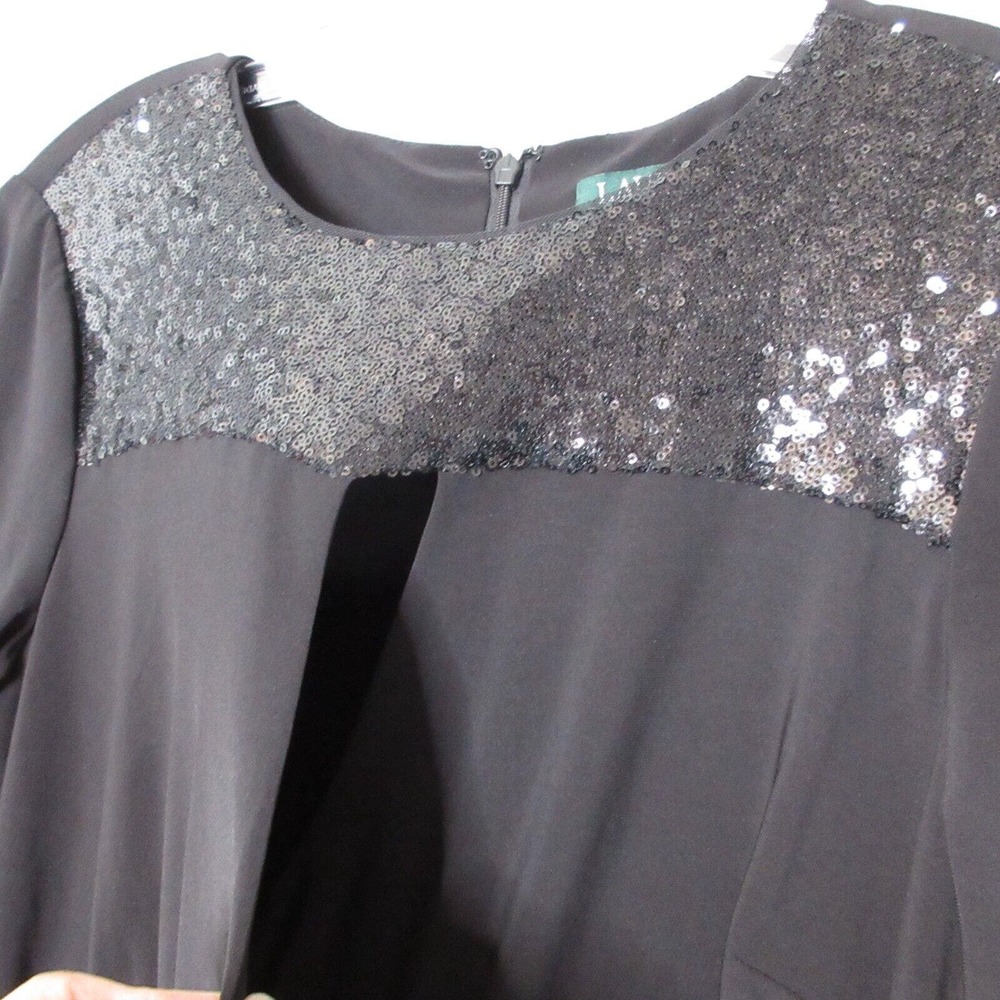 Lauren Ralph Lauren Black Sequin Faux Wrap Ruche Long Sleeve Dress - Picture 3 of 12